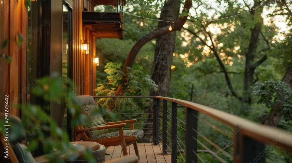 Step out onto your treehouse balcony and breathe in the fresh crisp air while gazing out at the sweeping forest views. 2d flat cartoon.