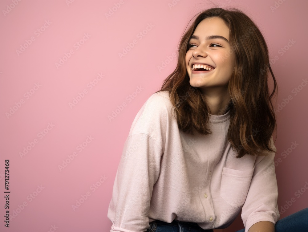 A woman with curly hair is smiling and laughing A woman with curly hair is smiling and laughing