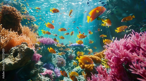 A colorful school of fish darting among vibrant coral reefs in clear tropical waters