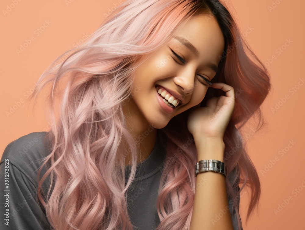 A woman with curly hair is smiling and laughing A woman with curly hair is smiling and laughing