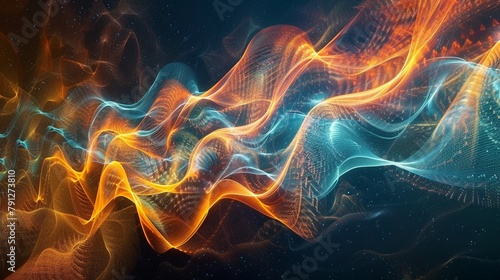 An abstract representation of sound waves rippling through the air, visualized as pulsating waves of color and light. photo