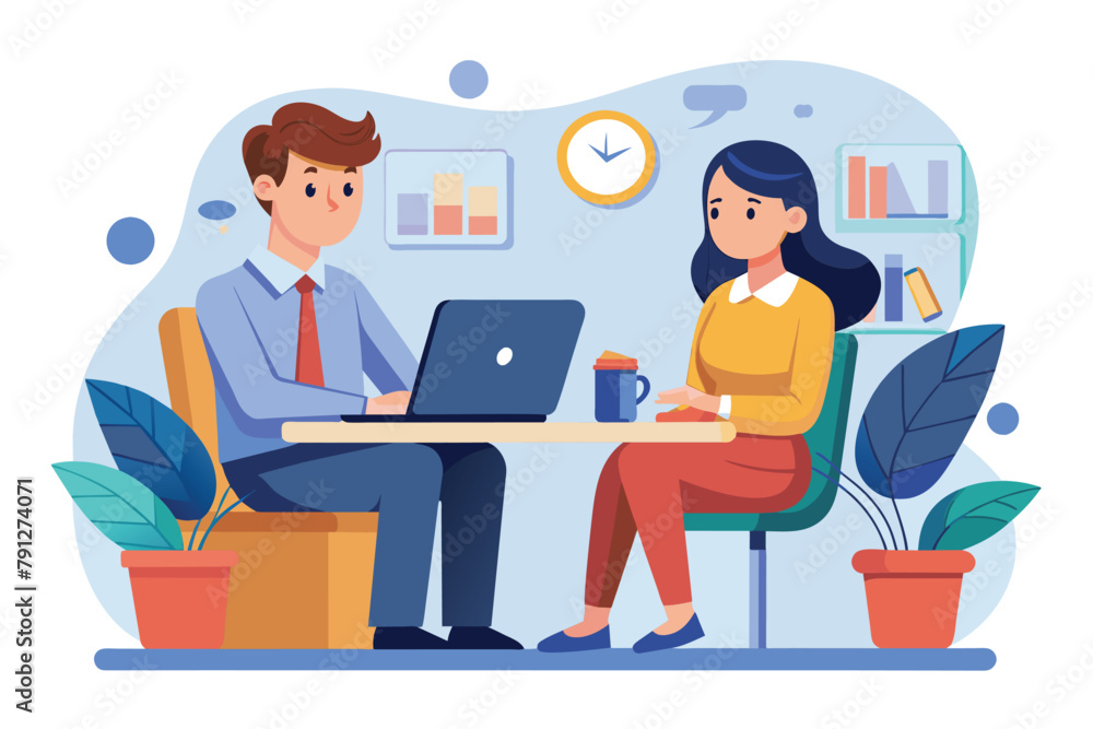 Job interview concept man answers-womans question Job interview concept man answers-womans question