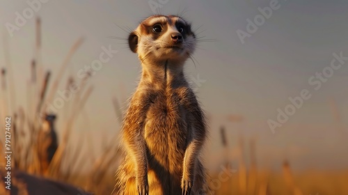 A curious meerkat standing upright, scanning the horizon with its alert eyes