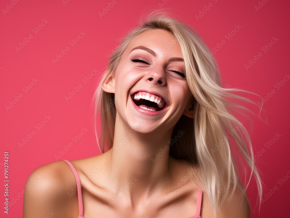 A woman with curly hair is smiling and laughing A woman with curly hair is smiling and laughing