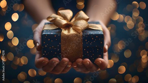 Woman's hands holding an elegant present gift box with a golden ribbon on a navy blue background with gold bokeh © NE97