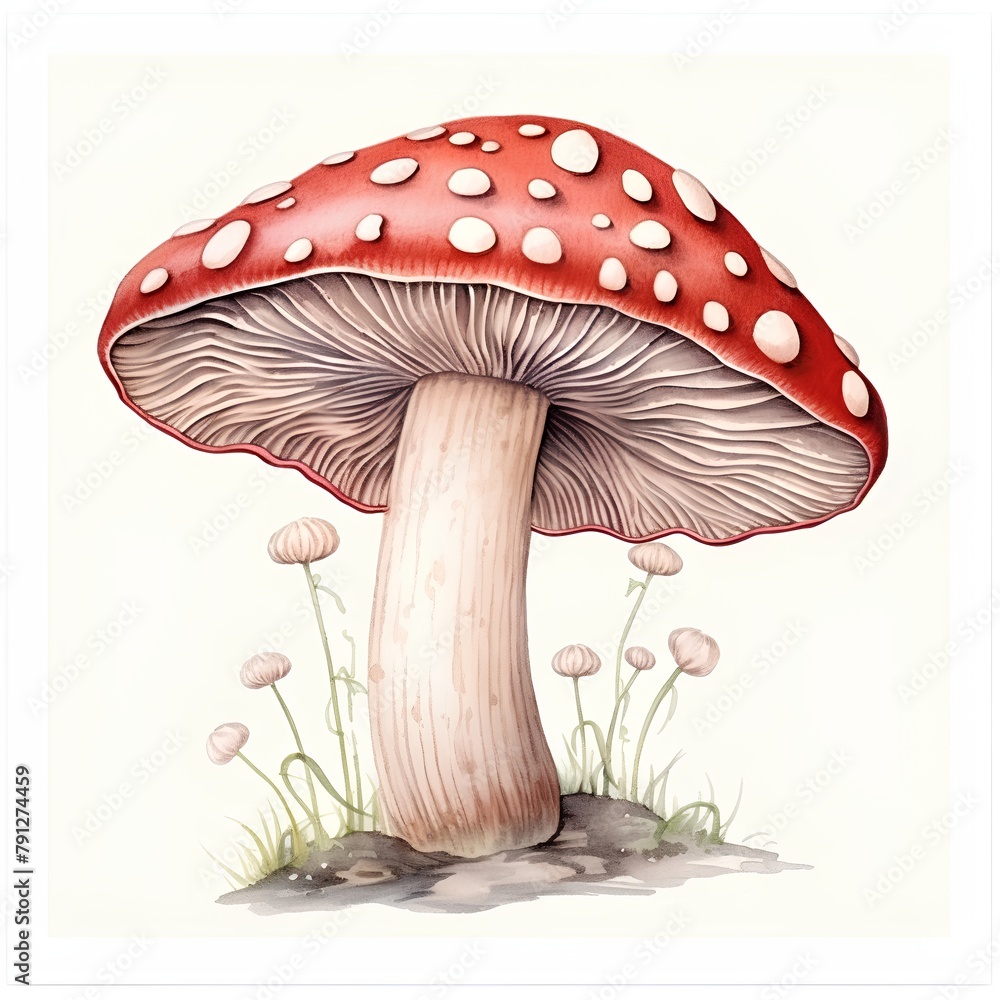 Red fly agaric mushroom isolated on white background. Watercolor hand drawn illustration