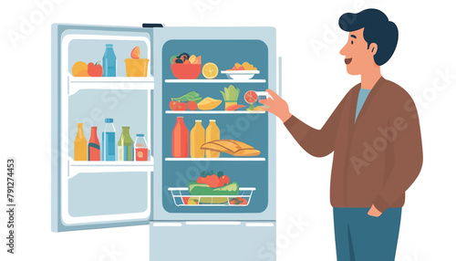 Minimalist Doodle of a Hungry Man Opening a Full Refrigerator, A Vector Illustration