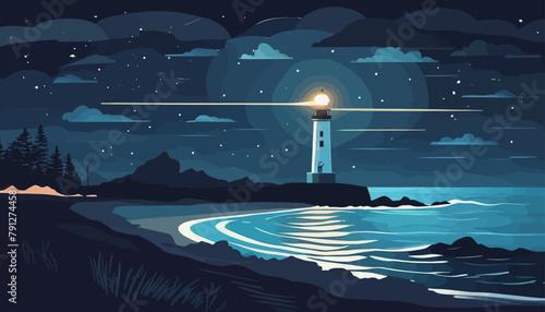 Nighttime Coastal Scene with Lighthouse, A Modern Flat Style Vector Illustration