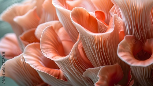 Close up of Red Oyster Mushrooms, showing the fine detail in their fins. Coral coloured photo