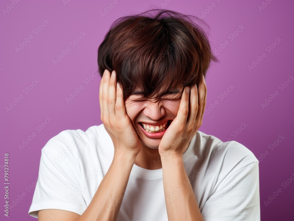 A man is crying and laughing at the same time