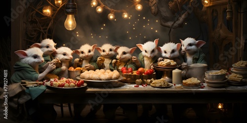 Festive table with different festive sweets in the form of rats and mice.