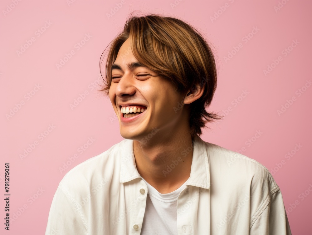 A young man with brown hair is smiling and laughing
