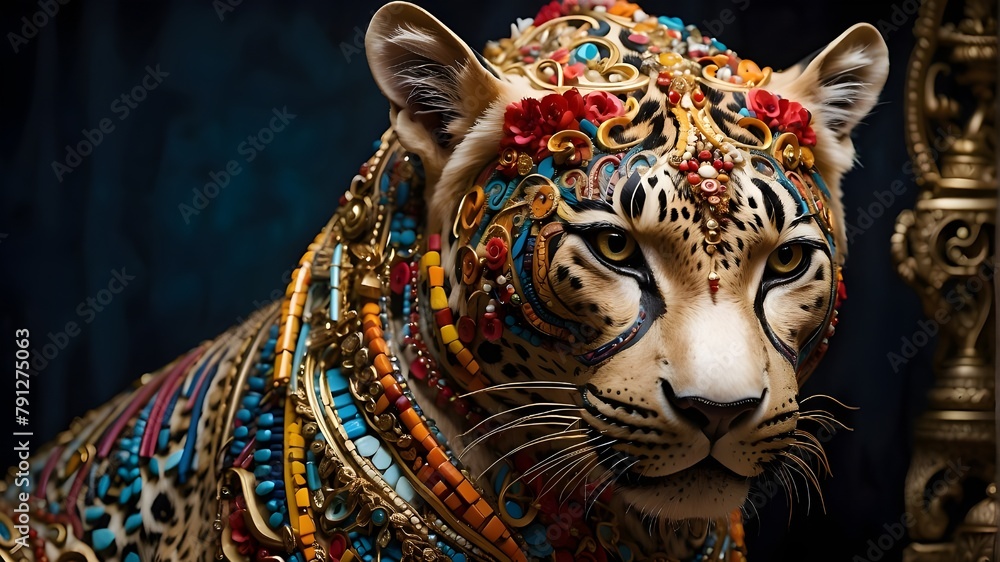 portrait of a tiger, A leopard adorned with intricate, colorful patterns, giving it a majestic and unique appearance. portrait of a tiger, A leopard adorned with intricate, colorful patterns, giving it a majestic and unique appearance.