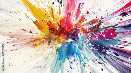 Vibrant brushstrokes of digital paint splattered across a canvas of pure white, creating a dynamic explosion of color and movement.