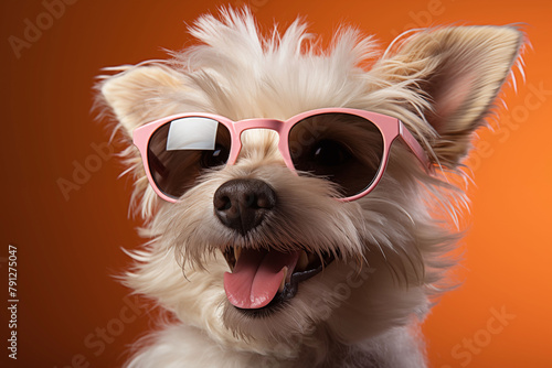 white fluffy dog in sunglasses peach color background © pkroaming
