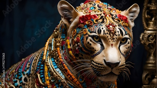 portrait of a tiger, A leopard adorned with intricate, colorful patterns, giving it a majestic and unique appearance.