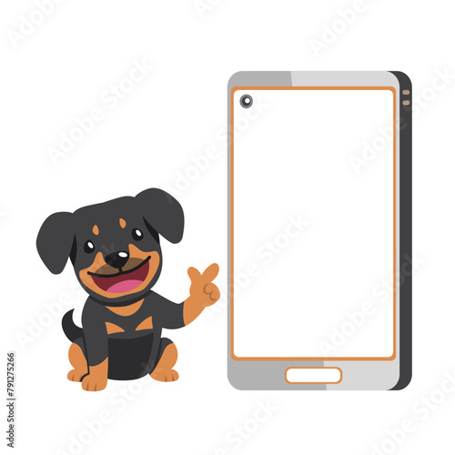 Cartoon character cute rottweiler dog and smartphone for design.