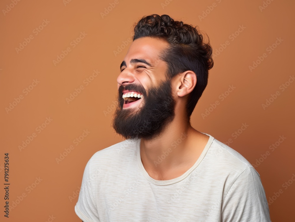 Obraz premium A man with a beard is smiling and laughing