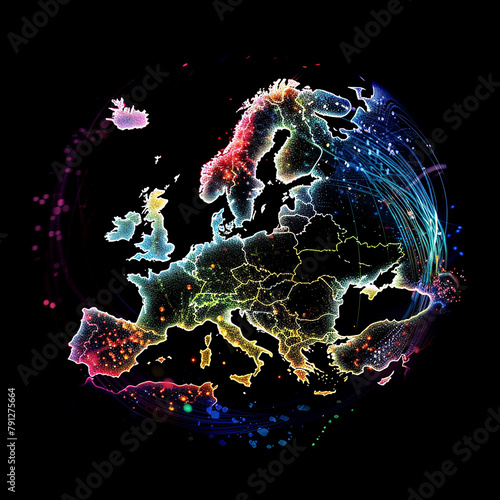 Vibrant digital illustration symbolizing Europe's integral part in global telecommunication. #791275664