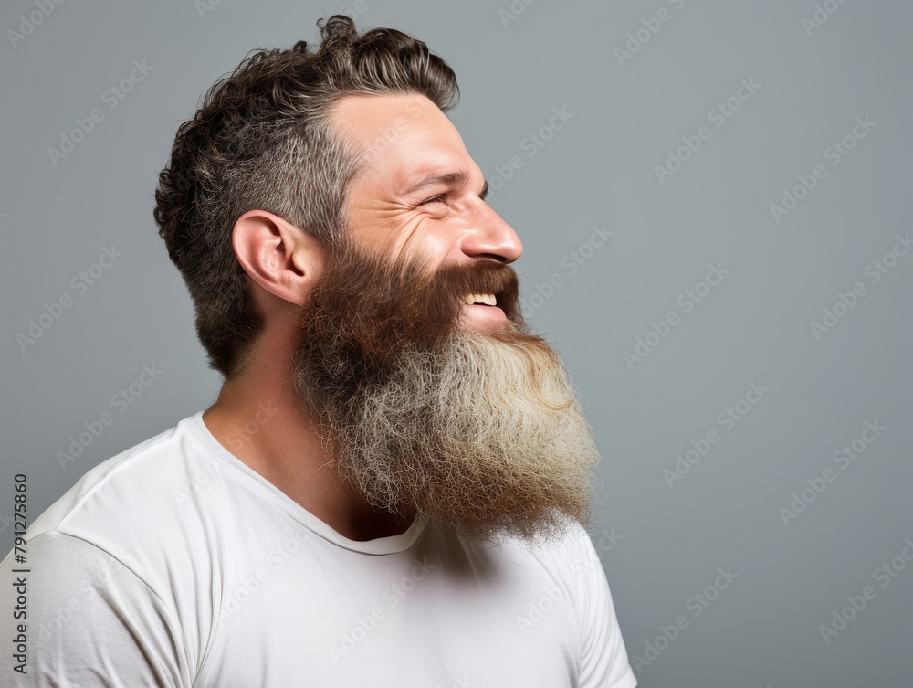 Obraz premium A man with a beard and a white shirt is smiling