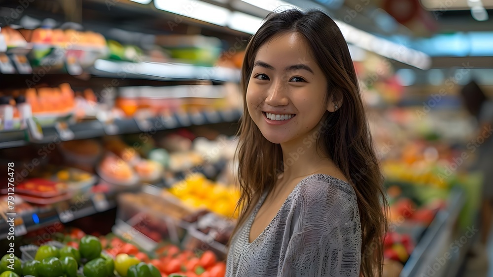 Smiling Young Asian Woman Grocery Shopping in a Supermarket. Concept Shopping, Supermarket, Asian woman, Smiling, Grocery