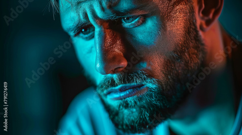 A man with a beard and a blue shirt is looking at the camera. The image has a blue and purple tint, giving it a cool and moody atmosphere © Дмитрий Симаков