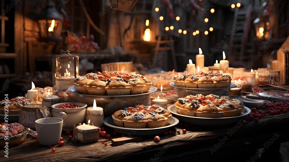 Panoramic view of traditional Italian pizzas on a wooden table.