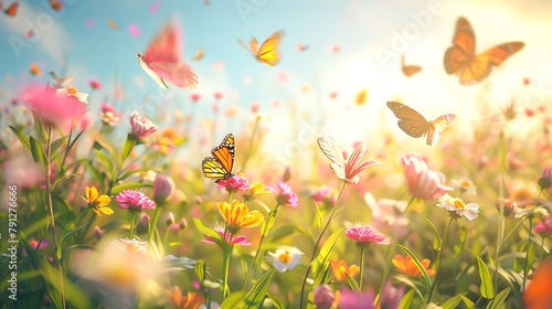 A group of colorful butterflies fluttering among blooming wildflowers in a sunlit meadow