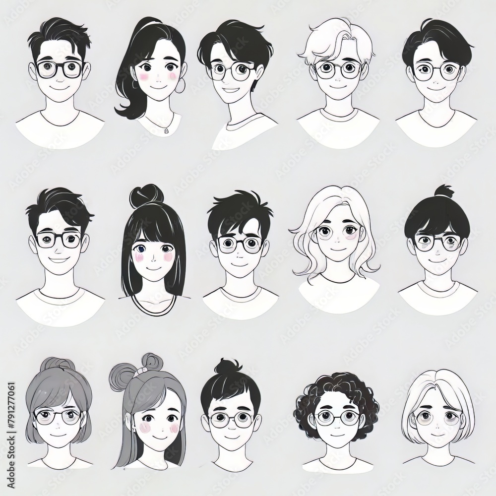 People avatars set. Young smiling male and female characters, head portraits in outlined lineart style People avatars set. Young smiling male and female characters, head portraits in outlined lineart style