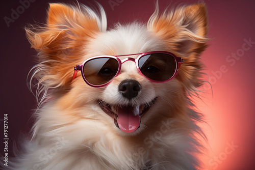 White fluffy dog in sunglasses peach color background © pkroaming