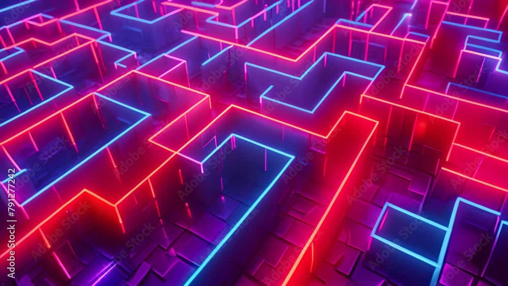 3D labyrinth of glowing neon paths, aerial view 3D labyrinth of glowing neon paths, aerial view