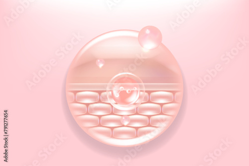 Hyaluronic acid and Niacinamide hair and skin solutions ad, pink collagen serum drops into skin cell with cosmetic advertising background ready to use, illustration vector.	