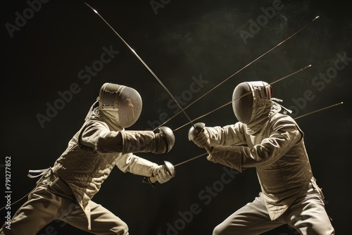 Intense fencing duel between skilled opponents,Two professional fencers foil swords dueling each other, Ai generated