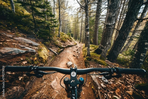 Intense mountain biking through a forest trail, Mountain biker rides through forest at sunset, Ai generated photo