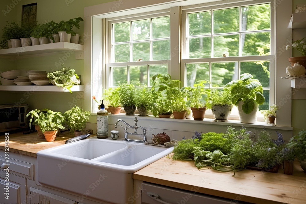 Apothecary Style Herb Kitchen: Farmhouse Sink & Herb-Filled Window Boxes Design