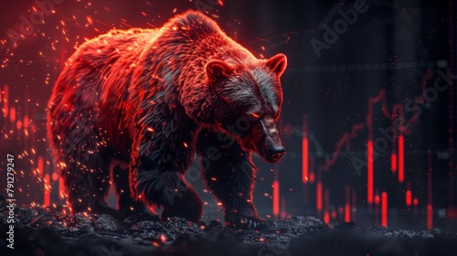 A red bear charging down, with stock market