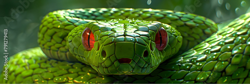 A close up of a green snake's head ,A green snake with a red tongue sticking out ,A green snake with a red eye.,Snake in fantasy art.



 photo