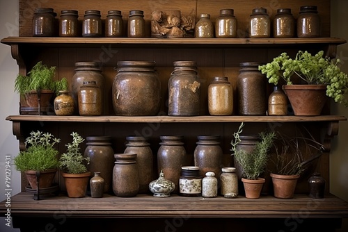 Apothecary Style Herb Kitchen Designs: Spagyric Remedies Shelf Featuring Ironstone Crocks photo