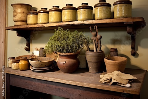 Apothecary Style Herb Kitchen: Spagyric Remedies Shelf & Ironstone Crocks Display photo