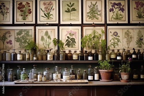 Botanical Herbalist's Studio Inspirations: Essential Oil Still and Antique Botanical Prints Shrine