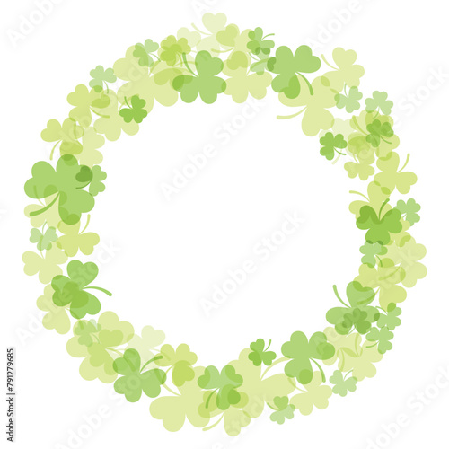 Round frame of green clover with place for text. Background for St. Patrick's Day or summer, spring. Vector illustration in flat style. Clover leaves in watercolor style. 