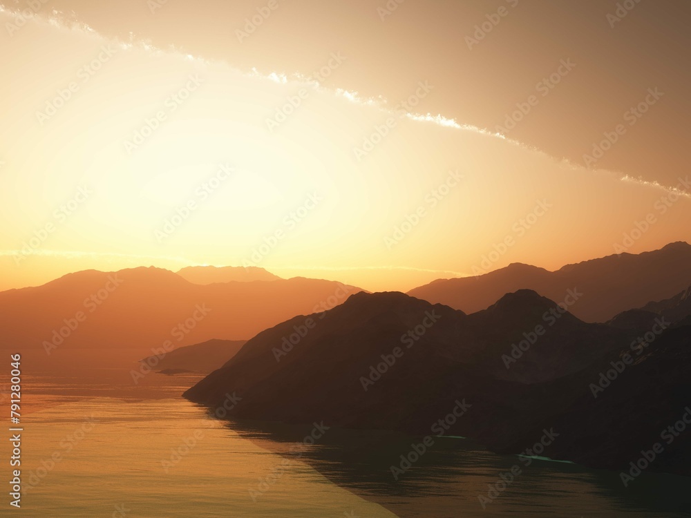 3D render mountain landscape against sunset sky