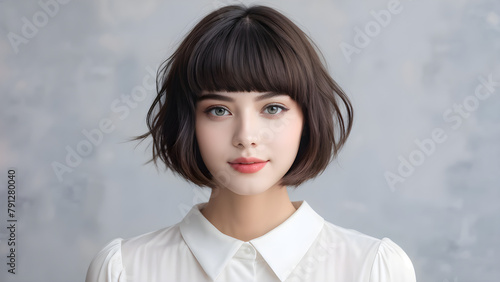 Chic Young Woman with Bob Cut, Elegant Beauty: Bob Cut Hairstyle, Timeless Sophistication: Young Lady's Bob Cut, Stunning Bob Cut: Beauty in Simplicity