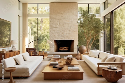 Sustainable Open Space Living Area with Fireplace and Art