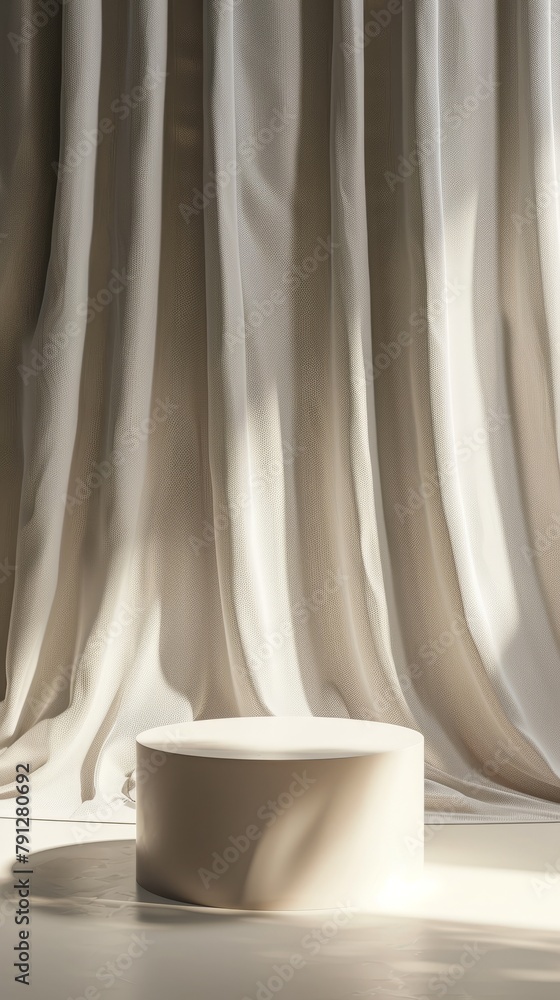 A chic podium awaits a product display, complemented by luxurious curtain folds and soft ambient light. Copy space. A chic podium awaits a product display, complemented by luxurious curtain folds and soft ambient light. Copy space.
