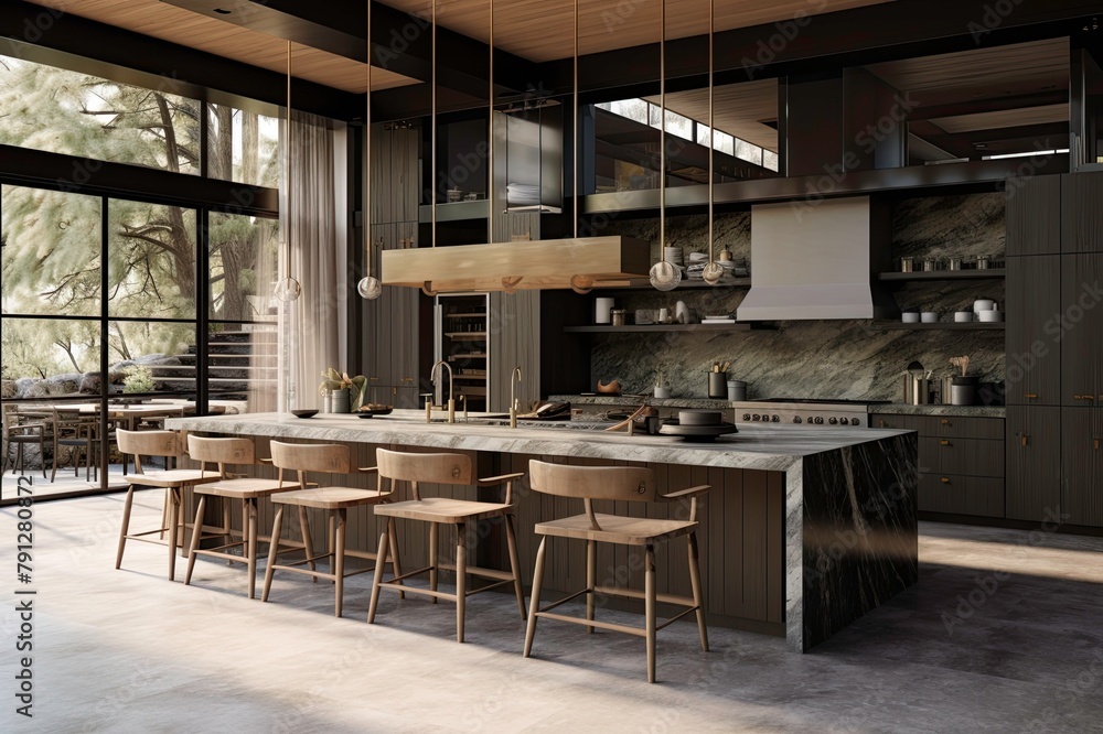 Chic Wooden Kitchen with Bar Seating and Views