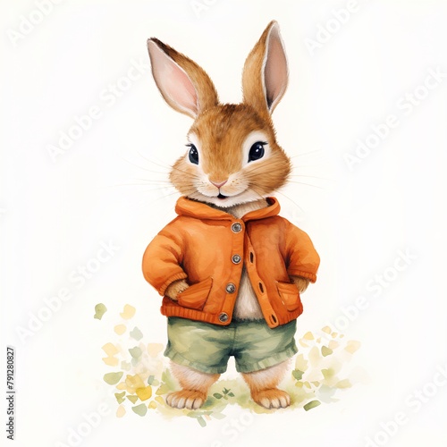 Rabbit in jacket and shorts isolated on white background. Watercolor illustration.