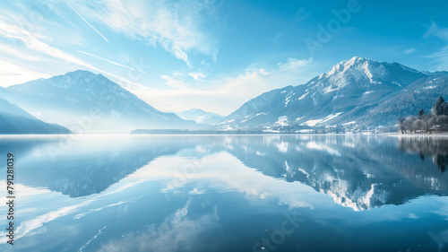 Photo of a mountain landscape with a mountain lake reflecting the entire scenery © PHTASH