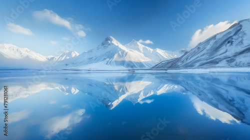 Photo of a mountain landscape with a mountain lake reflecting the entire scenery