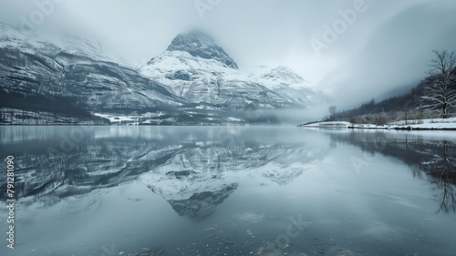 Photo of a mountain landscape with a mountain lake reflecting the entire scenery